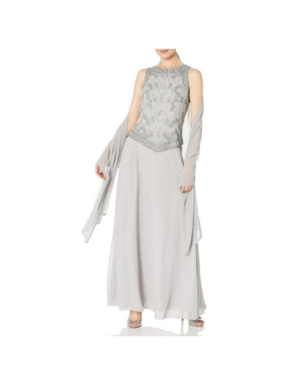 **J Kara** Women's Sleeveless Scallop Long Beaded Dress W/Scarf 6p Nwt